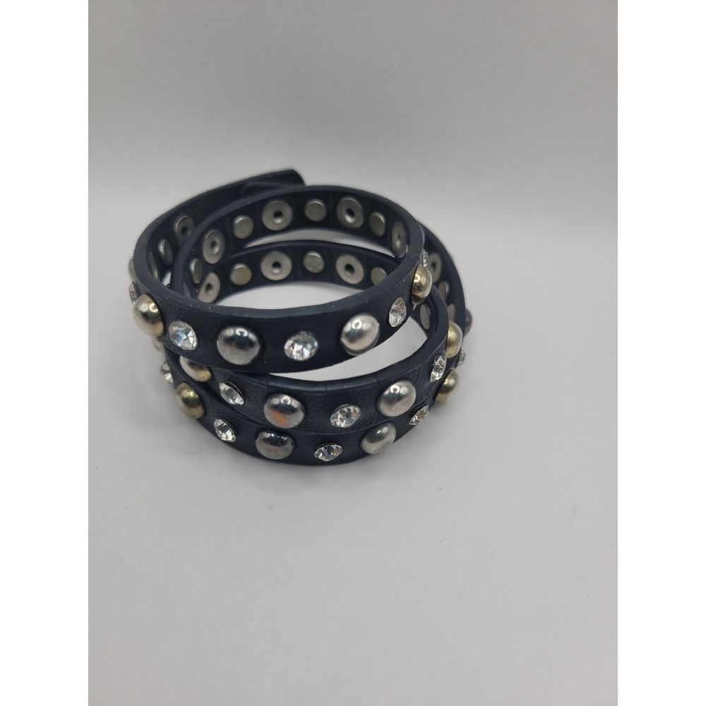 Black Faux Leather Triple Wrap Bracelet Clear Rhinestone Silver Tone Studded